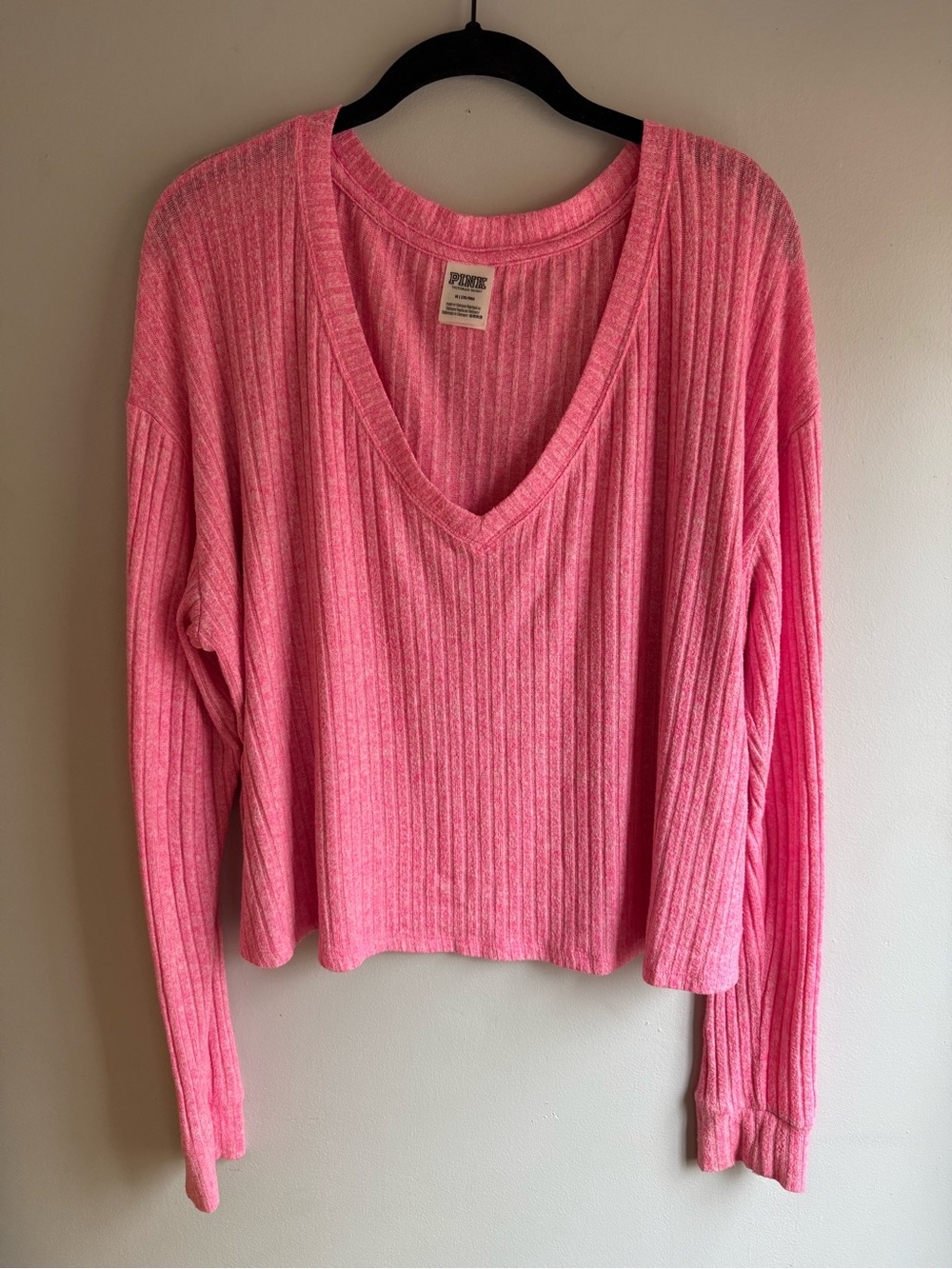 PINK Victoria's Secret Bright Pink Ribbed V-Neck Pullover
